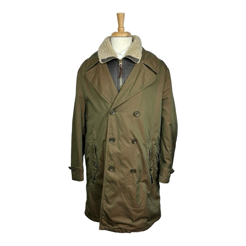 Burberry Brit Dbl Breasted Shearling Zip In Green Waterproof Trench Size 2XL EUC